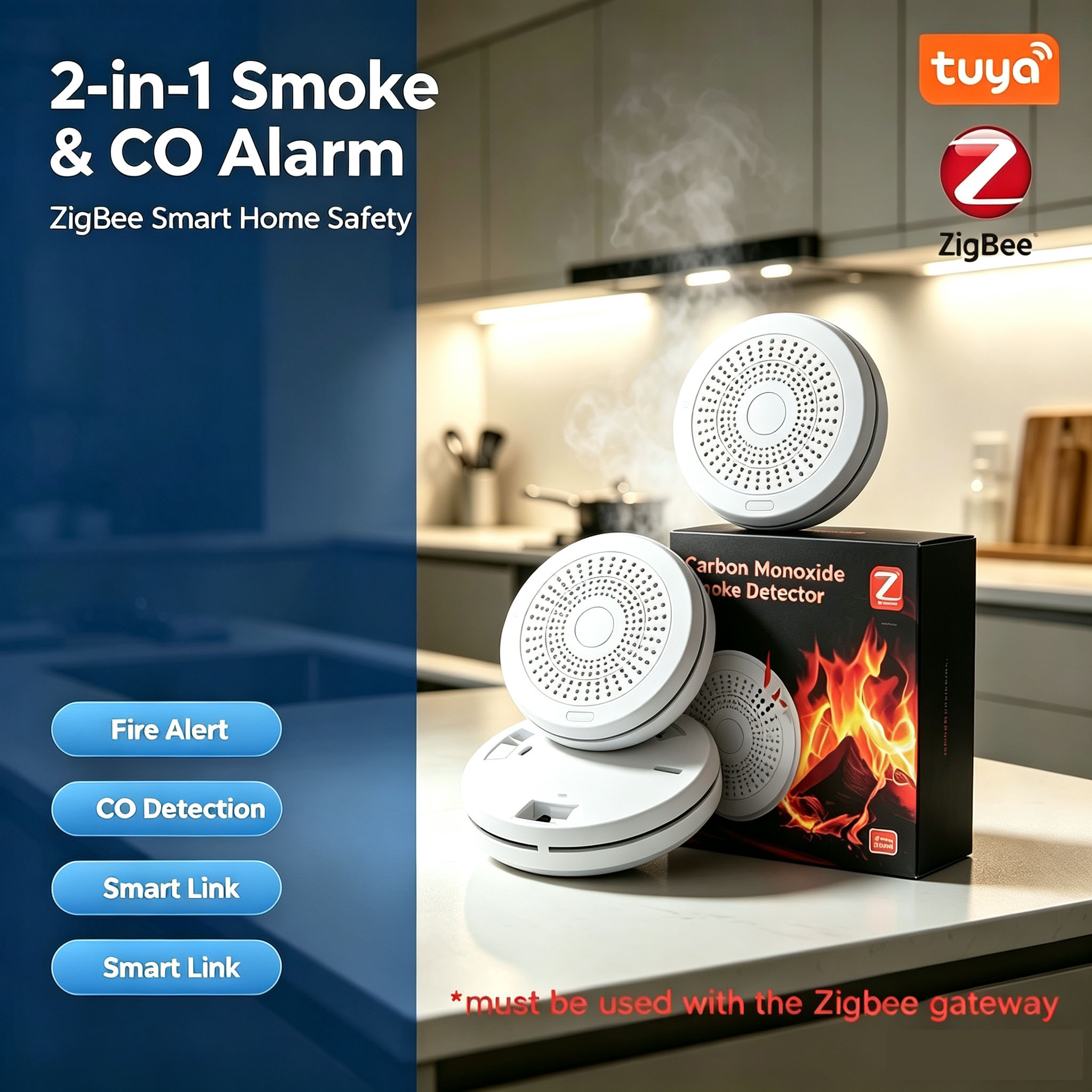 Zigbee Smoke Sensor Tuya - ZigBee 2-in-1 Smart Smoke & Carbon